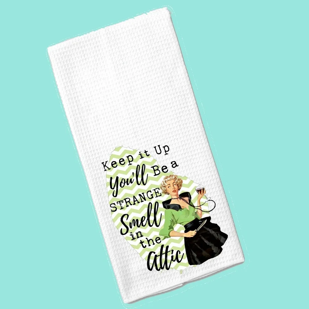 Retro Humor Waffle Weave Kitchen Towel Strange Smell in the Attic White Green